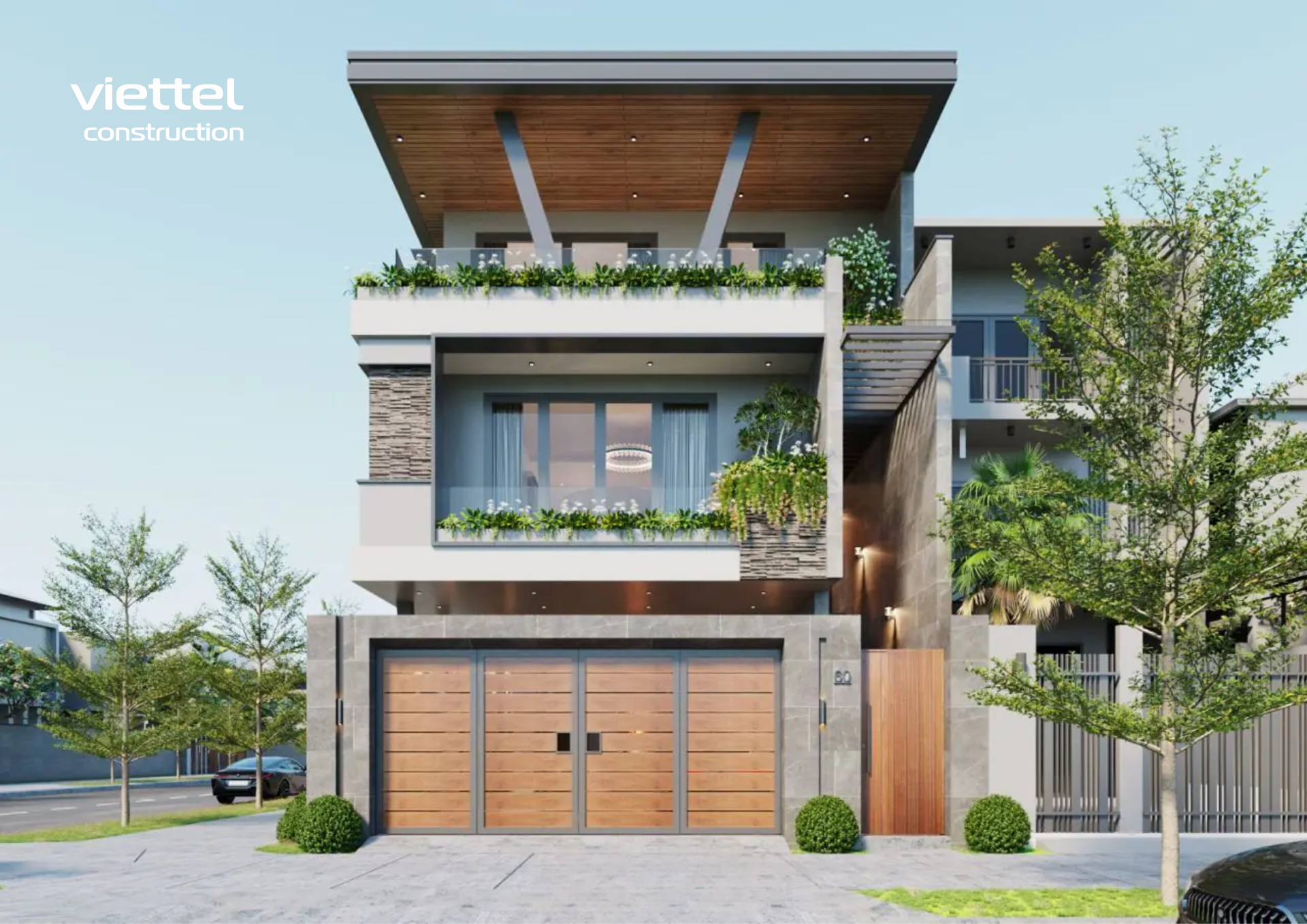 Mặt tiền nhà phố 3 tầng sang trọng, sử dụng cổng gỗ tự động hiện đại