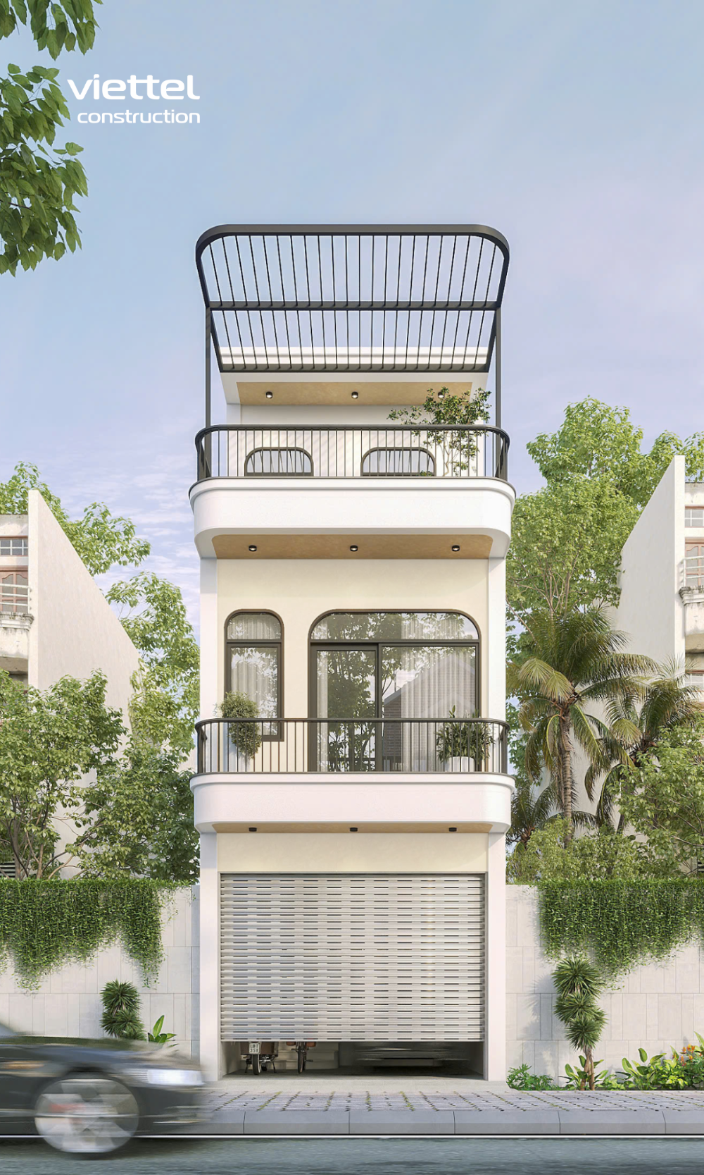 Nhà phố 3 tầng hiện đại với mặt tiền tinh gọn, ban công kính và mái lam thông thoáng